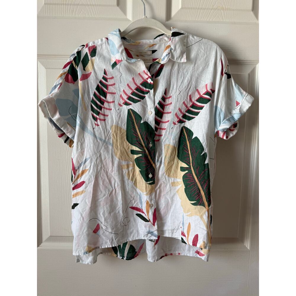 Cynthia Rowley 100% Linen Tropical‎ Print Button-Up Sz L Breezy Summer Beach Top